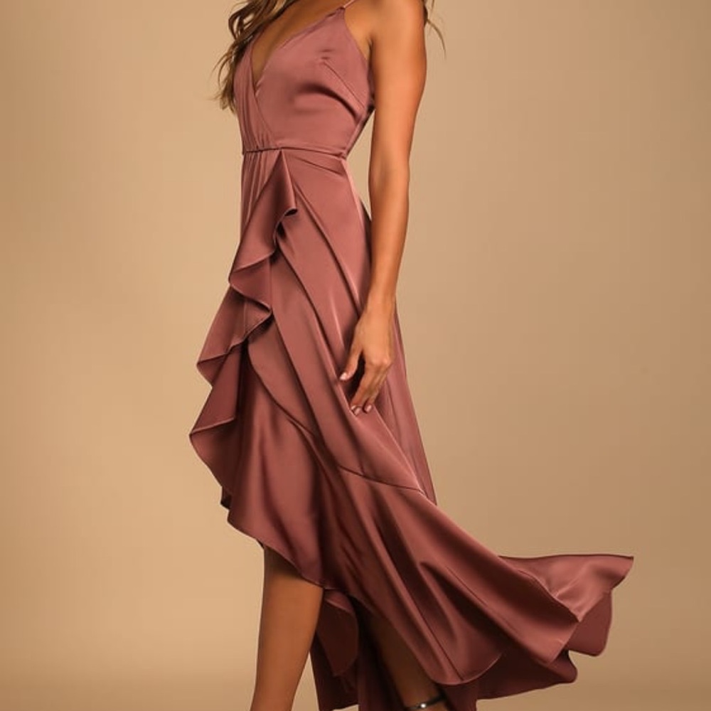 Lulu’s Mauve Pink Satin Ruffled High Low Dress